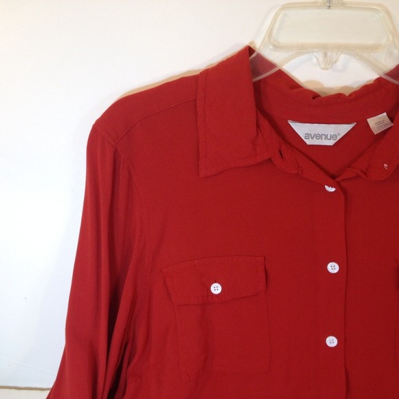 Avenue Long Sleeve Button Up Top Red Blouse Chest Pockets Size 22-24 - Picture 4 of 10